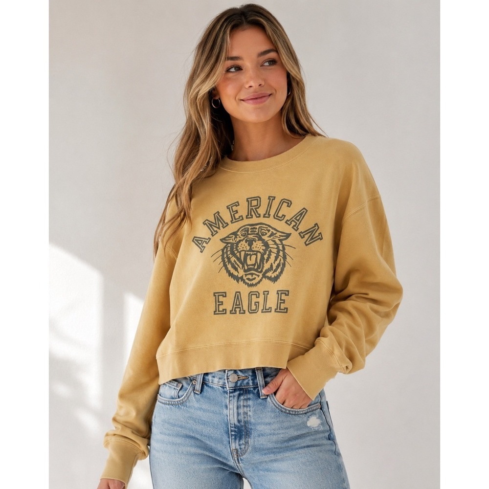 American Eagle Womens Tiger‎ Graphic Sweatshirt Mustard Yellow XS 4428B8MG